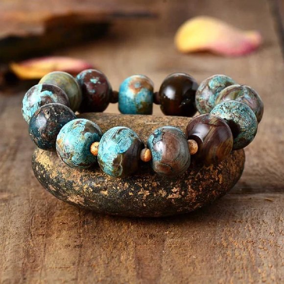 Natural 14mm Blue Calsilica Jasper Stone Beaded Bracelet - Picture 3 of 4